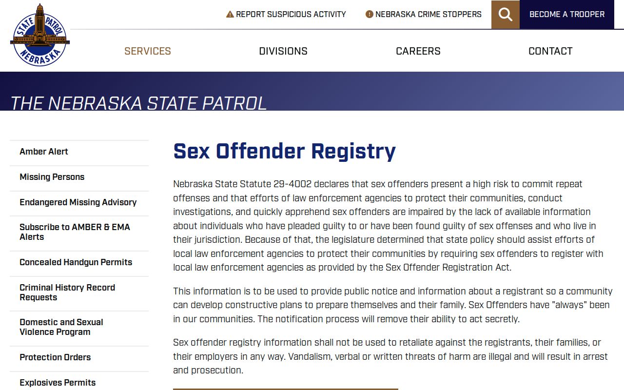 Nebraska State Patrol guidance for Franklin County sex offender lookup users