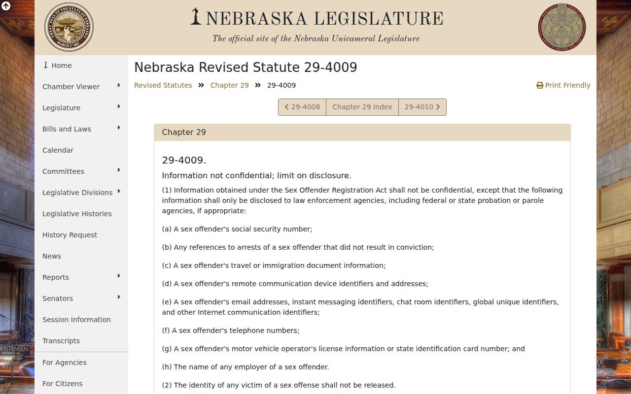 Nebraska law on public and confidential Franklin County sex offender registry fields