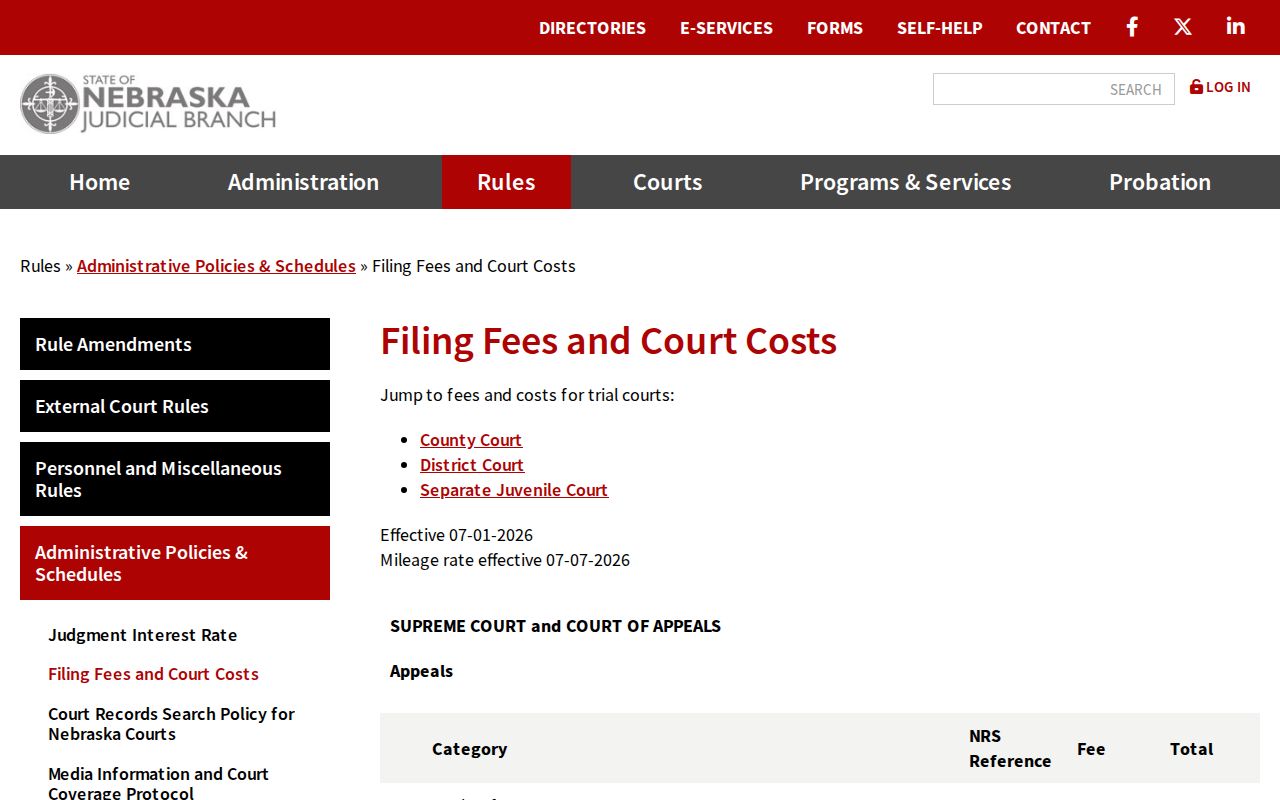 Hildreth criminal court record costs in the Nebraska fee schedule